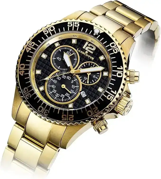 Lanscotte Icon – Reloj Cronógrafo de Hombre 42 mm – Acero Quirúrgico Antialérgico Acabado en Oro 1ª Ley IPG · Bisel Black Enamel · Cristal Tipo Zafiro · Taquímetro · 10 ATM