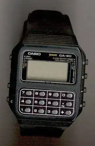 Casio CA-90 Black plastic multi-function calculator watch with game, c. 1982.webp