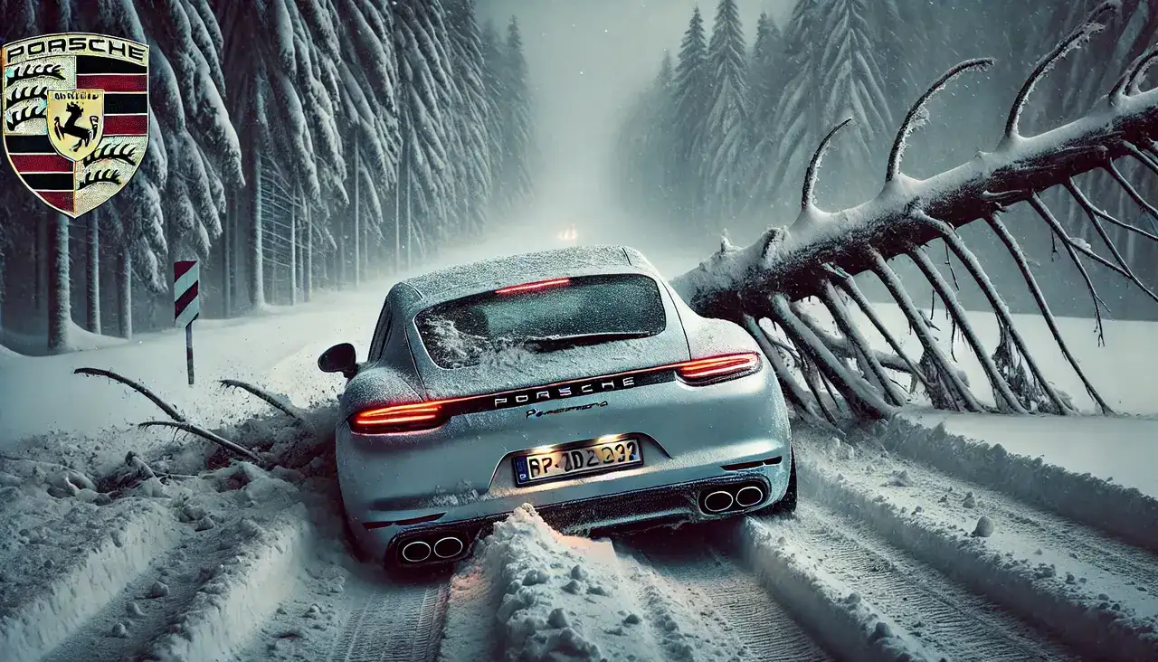 DALL·E 2025-01-28 23.59.19 - Un Porsche Panamera visto desde atrás, estrellado contra un gran...webp