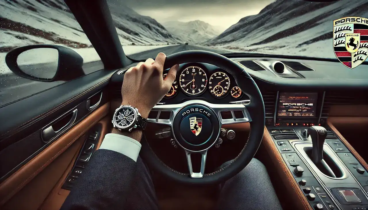 DALL·E 2025-01-29 00.17.27 - Las manos de un hombre elegante en el volante de un Porsche Pana...webp