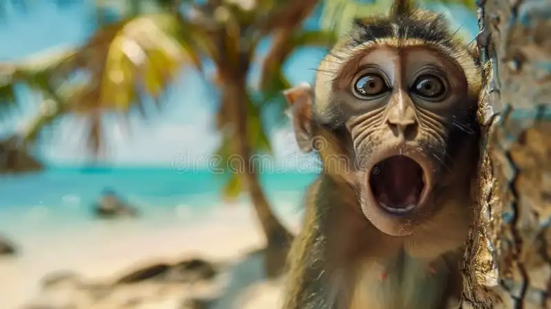 el-mono-asoma-la-cabeza-desde-detrás-de-una-palmera-en-playa-con-expresión-miedo-su-rostro-po...webp