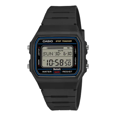 Vista frontal del reloj de pulsera CASIO F-B100W-1AEF negro con detalles en azul, amarillo y rojo en la esfera.