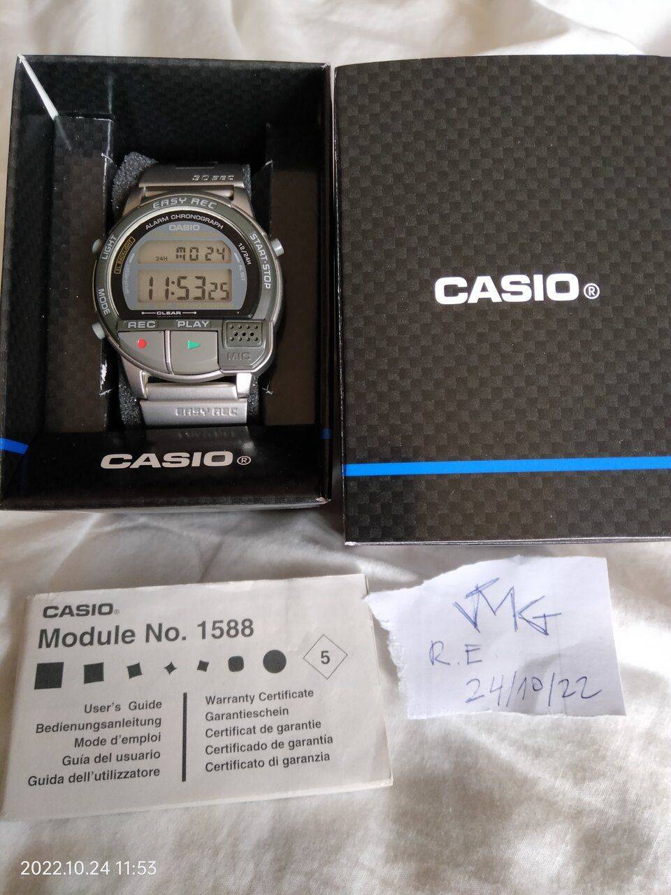 Casio A V1 1588 Easy Rec. Cronógrafo de alarma. Reloj de grabadora
