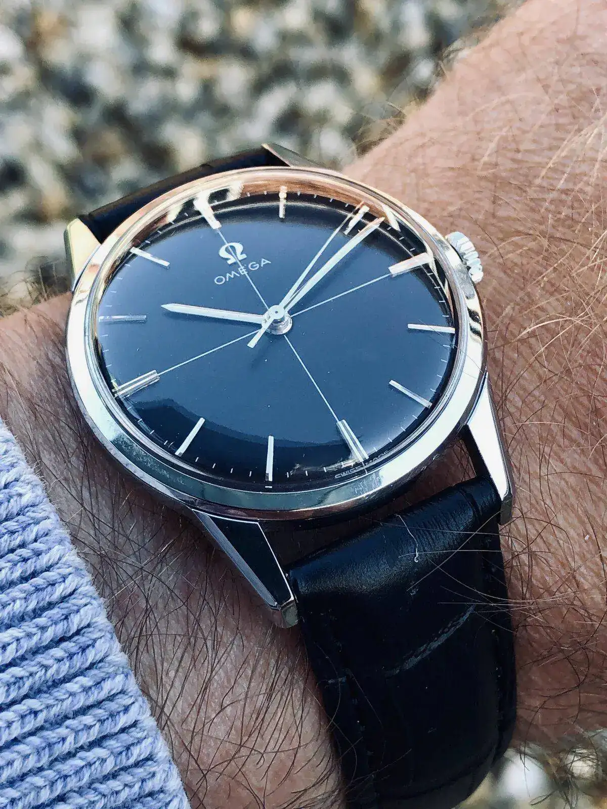 Omega Ryan Gosling black dial men’s steel vintage 1950s crosshair watch.jpeg