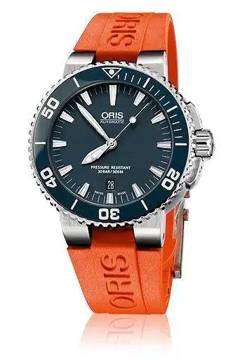 Oris aquis date azul con caucho naranja.